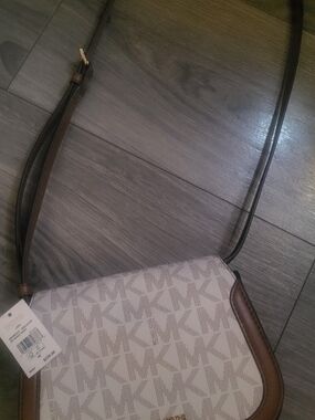 Michael Kors Cream MK Logo Crossbody with Brown Trim